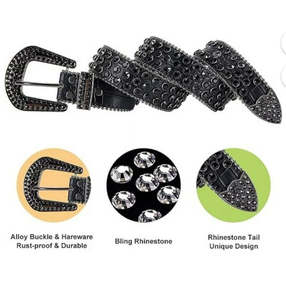 Rhinestone Belt Western Cowgirl Women's Bling Black Studded Belt New~ Size Large - Picture 3 of 8